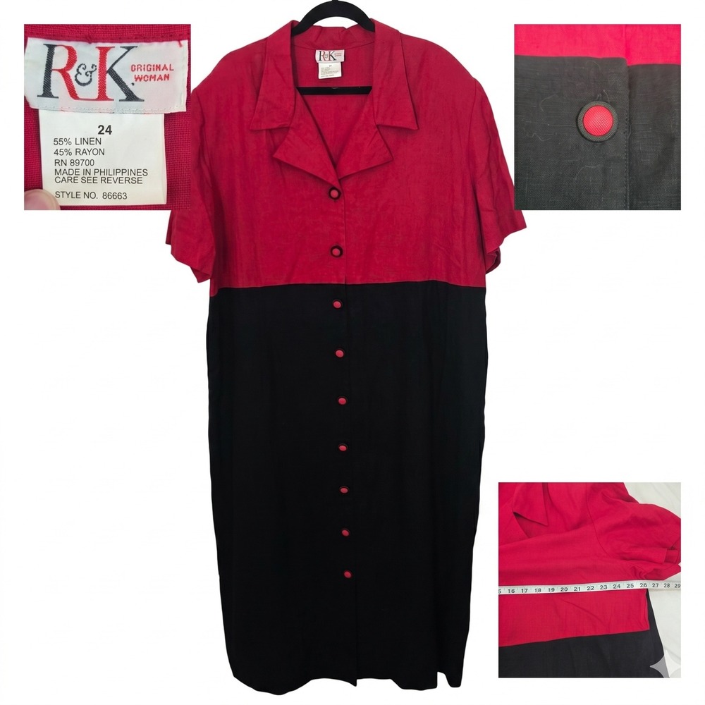 Vintage‎ R and K Original Woman Linen Blend Colorblock Dress Plus 24 Red Black